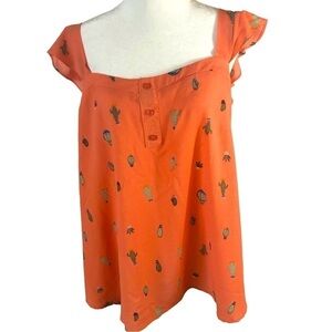 Torrid Popover Top Women 1 Orange with Green Cacti Graphics  Ruffle on Straps